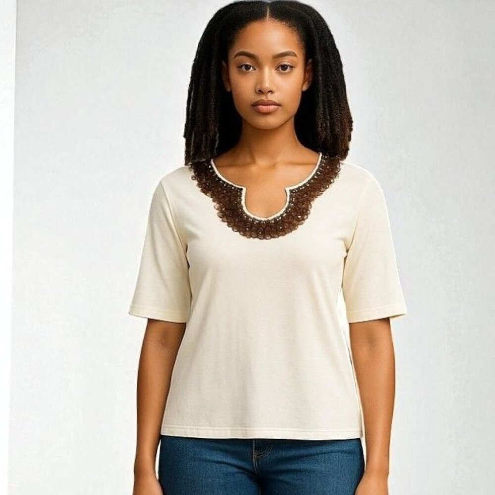 Ruby Rd Cream Quarter Sleeve Top Brown Sequin Embellished Neckline Size Medium